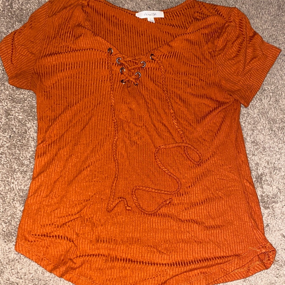 Active USA Orange Lace-Up Ribbed Blouse